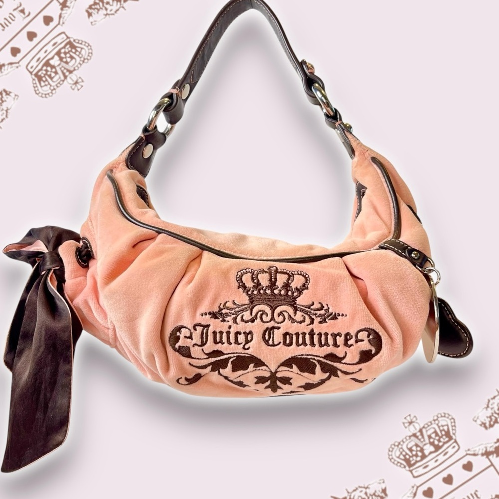 🍒Vintage Juicy Couture Daydreamer Croissant  Shoulder Bag w/ Bow Pink Brown Hobo